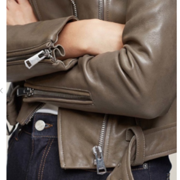 Reiss Kate Leather Biker Moto Jacket Khaki - Picture 3 of 8